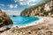 Beautiful view over the sea beach in Kerkyra island. Wonderful morning seascape of Ionian Sea, Corfu island. Bright summer view of