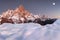 Beautiful view of Pale di San Martino in the italian Dolomites with blue cloudy sky. The famous Cimon della Pala