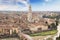 Beautiful view of the panorama of Verona, the Lamberti tower and the Ponte Pietra bridge in Verona, Italy