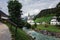 Beautiful view Parish Church of St. Sebastian Ramsau Germany in green rural grass under a cloudy sky