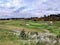 A beautiful view of a parkland area with a par 4 golf hole in Bandon, Oregon, with the ocean in the background and yellow heather