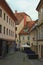 Beautiful view of picturesque small street in Maribor, Slovenia. Scenic ancient buildings with red tile roofs