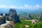 Beautiful view from plateau to Thessaly Valley and complex of Orthodox monasteries, Meteora, Greece