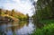 Beautiful view of the pond with the fountain Snake and the pavilion Flora in the National Dendrological Park Sofiyivka, Uman,