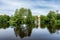 Beautiful view at pond in Zwierzyniec, Roztocze, Poland. Park and famous St.John\\\'s of Nepomuk Church on the island in the