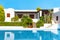 Beautiful view of the pool, Classic white Greek architecture, Santorini, Greece, Aegean sea, Europe. Travel concept, fashionable