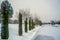 Beautiful view of the Porsuk river along the park in snowy winter, Eskisehir, Turkey