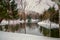 Beautiful view of the Porsuk river with trees reflecting on the water in snowy winter, Eskisehir