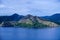 Beautiful view of Pulo Dua Balantak hill, view of blue sea and white clouds with blue sky located in the Banggai district of