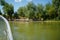 Beautiful view on river and green nature with blue sky from motor boat seat