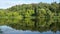 beautiful view of the river with the reflection of the forest in the water.