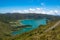 Beautiful view of the road to background volcanic lakes and forest. Azores, Sao Miguel, Portugal.