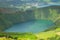 Beautiful view of the road to background volcanic lakes Lagoa de Santiago. Azores, Sao Miguel, Portugal.