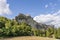 Beautiful view of the rock spur on which the fortress of San Leo stands, Rimini, Italy, on a sunny day