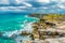 Beautiful view of rocky cliff at sunrise on the the southern part of the Isla Mujeres in Caribbean, Mexico