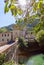 Beautiful view of Roman Catholic abbey San Vittore alle Chiuse from the medieval bridge. Genga, Marche, Italy