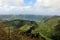 Beautiful view of the round lake Santiago and blue lake & x28;Lagoa Azul& x29; in the vicinity of the vicinity of Sete Cidades