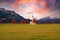 Beautiful view of the Saint Coloman church near the Neuschwanstein castle, against the backdrop of the beautiful mountains,