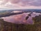 Beautiful view of Sapsho lake in summer sunset. Drone shooting