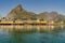 Beautiful view of scenic Lofoten Islands archipelago winter scenery with traditional yellow fisherman Rorbuer cabins in the