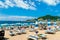 beautiful view of the sea beach and resort town, mountains, panorama of Budva in Montenegro, Adriatic Sea, tourism and summer