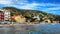 Beautiful view of the sea and the town of Alassio with colorful buildings, Liguria, Italian Riviera, region San Remo, Cote d`Azur