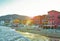 Beautiful view of the sea and the town of Alassio with colorful buildings, Liguria, Italian Riviera, region San Remo, Italy