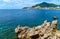 beautiful view of the seaside resort town and beaches, mountains, panorama of Budva in Montenegro, Adriatic Sea, tourism and