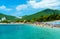 beautiful view of the seaside resort town and beaches, mountains, panorama of Budva in Montenegro, Adriatic Sea, tourism and