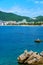 beautiful view of the seaside resort town and beaches, mountains, panorama of Budva in Montenegro, Adriatic Sea, tourism and