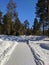 Beautiful view of the snow-covered road and coniferous forest in the city park. Vertical. Noyabrsk, Russia