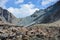 Beautiful view of the snow mountain, and cloudy sky. Scenic alpine landscape mountain ranges. Terskey Alatoo mountains, Tian-Shan