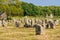 Beautiful view of the standing stones alignments, menhirs, in Carnac, Brittany, France. Megalithic landmark