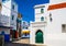 Beautiful view of street with typical arabic architecture in Asilah. Location: Asilah, North Morocco, Africa. Artistic picture.