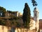 Beautiful view in sunny spring weather in rome with pine trees and charming old buildings