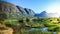 Beautiful view of swamp with hippos and a mountain range