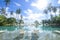 Beautiful view of swimming pool with Green tropical garden in cozy resort, phi phi island, Thailand