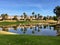 A beautiful view from the tee box of a difficult par 3 that requires a shot over the water onto an island green.