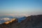 Beautiful view from the Teide Volcano crater at sunrise. The shadow of Teide on Tenerife, Canary Islands.