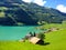 Beautiful view of Thunersee Lake Thun, Thun, Switzerland, Europe in a sunny summer day with miniature style