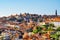 Beautiful view of tile roofs of houses in the historic centre of