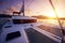 Beautiful view to catamaran in Seychelles bay at sunset