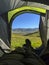 Beautiful view to muntains from tent, hiking concept