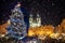 Beautiful view to the old town square of Prague during night time with a Christmas market