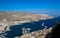 Beautiful view from the top of the hill on the marvelous bay Greek island of Kalymnos. The port of the city of Pothia.