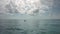 Beautiful view of tranquil Atlantic Ocean waters, with woman swimming in water against backdrop of cloudy skies.