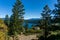 Beautiful view between trees of Emerald Bay in Lake Tahoe, California