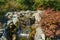 Beautiful view of Triple waterfall in Japanese garden. Public landscape park of Krasnodar