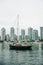 Beautiful view of Vancouver skyline with ships lying in harbor at False Creek, British Columbia, Canada - sep, 2019