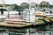 Beautiful view of Vancouver skyline with ships lying in harbor at False Creek, British Columbia, Canada - sep, 2019